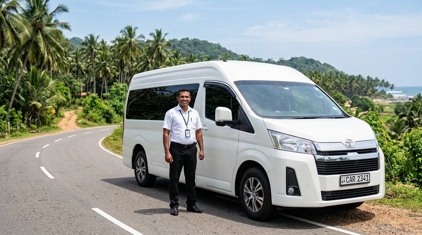 Premium white AC van with professional JK Tours driver on a scenic Sri Lankan road