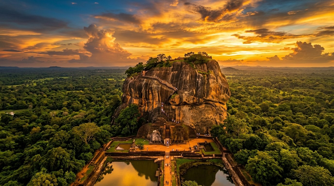 Aerial view of Sigiriya Lion Rock rising majestically above the central Sri Lankan jungle
